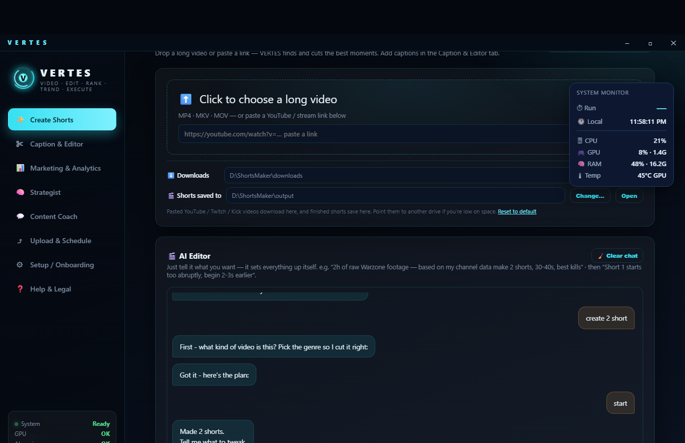 VERTES — talk to the AI editor, it cuts your Shorts